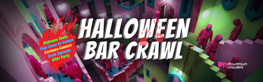 Colorful promotional banner image for a Halloween bar crawl in neon pink, green, purple and red colors. Text says Halloween Bar Crawl in a big, white, bold font.