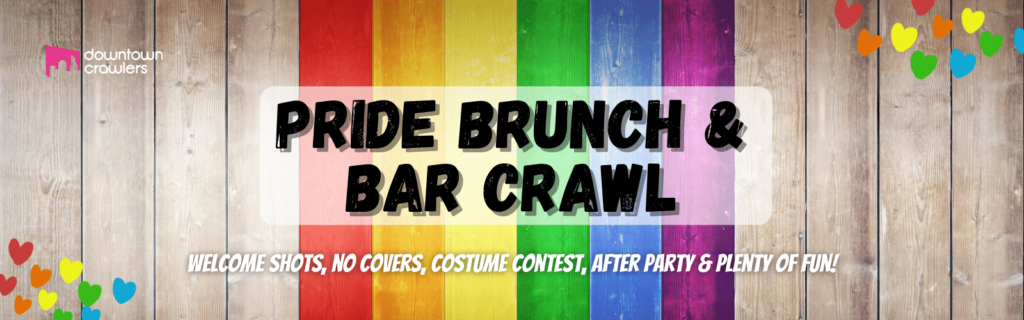 Colorful promotional banner image with a background of the Pride flag colors for a Pride bar crawl in rainbow colors. Text says Pride Bar Crawl in a big, black, bold font.