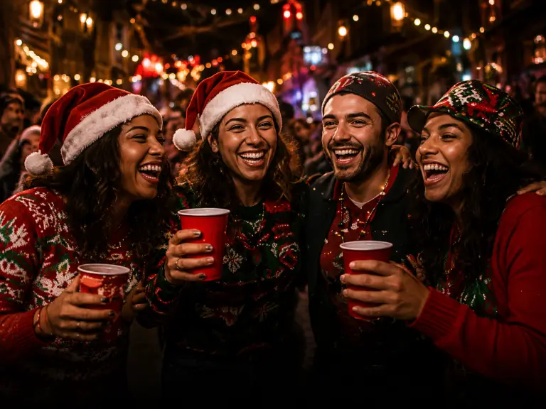 Friends in festive outfits on a holiday bar crawl