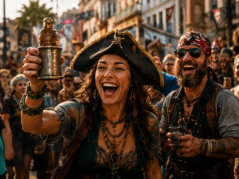 Pirate-costumed crawlers cheering at the Gasparilla bar crawl in Tampa