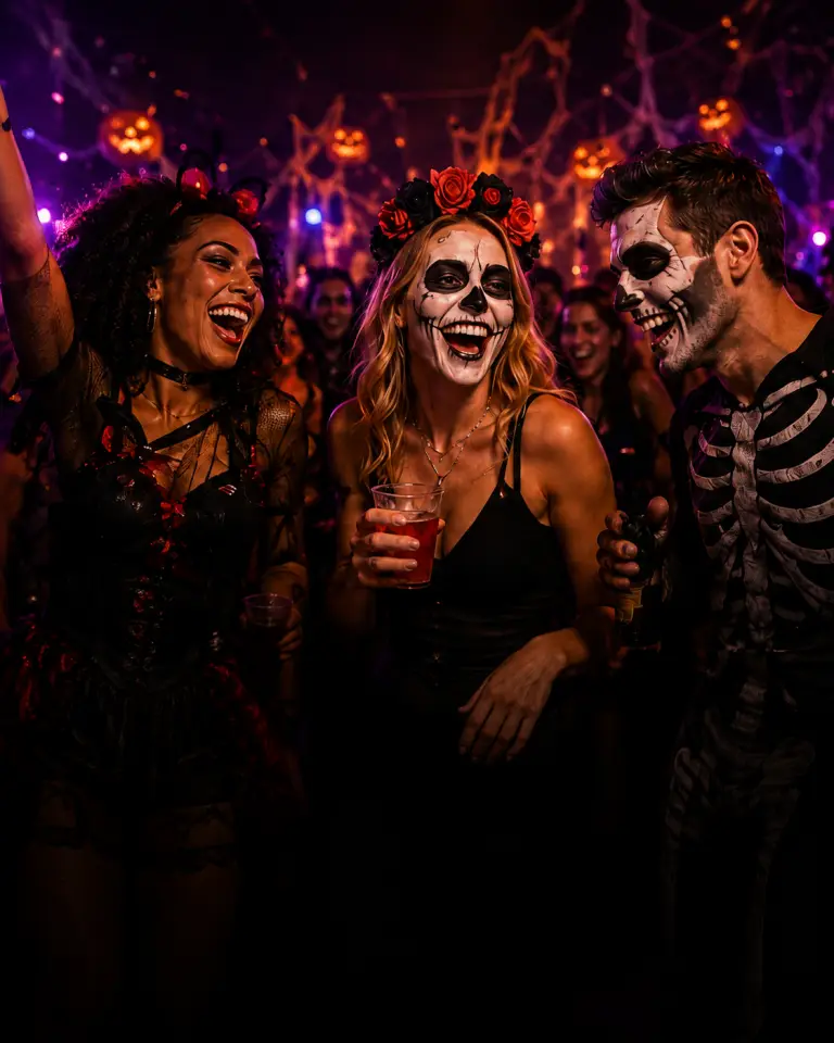 Friends in Halloween costumes celebrating on a bar crawl