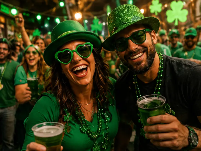 Friends dressed in green on a St. Patrick's Day bar crawl
