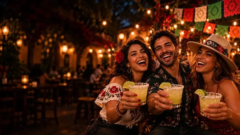 Friends toasting margaritas on a Cinco de Mayo bar crawl