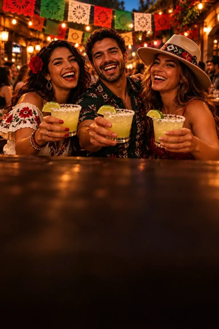 Friends toasting margaritas on a Cinco de Mayo bar crawl